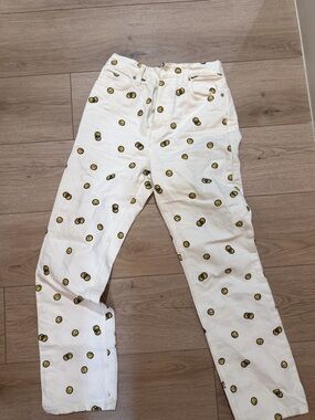 Reformation White High-Rise Jeans with Yellow Smiley Print
